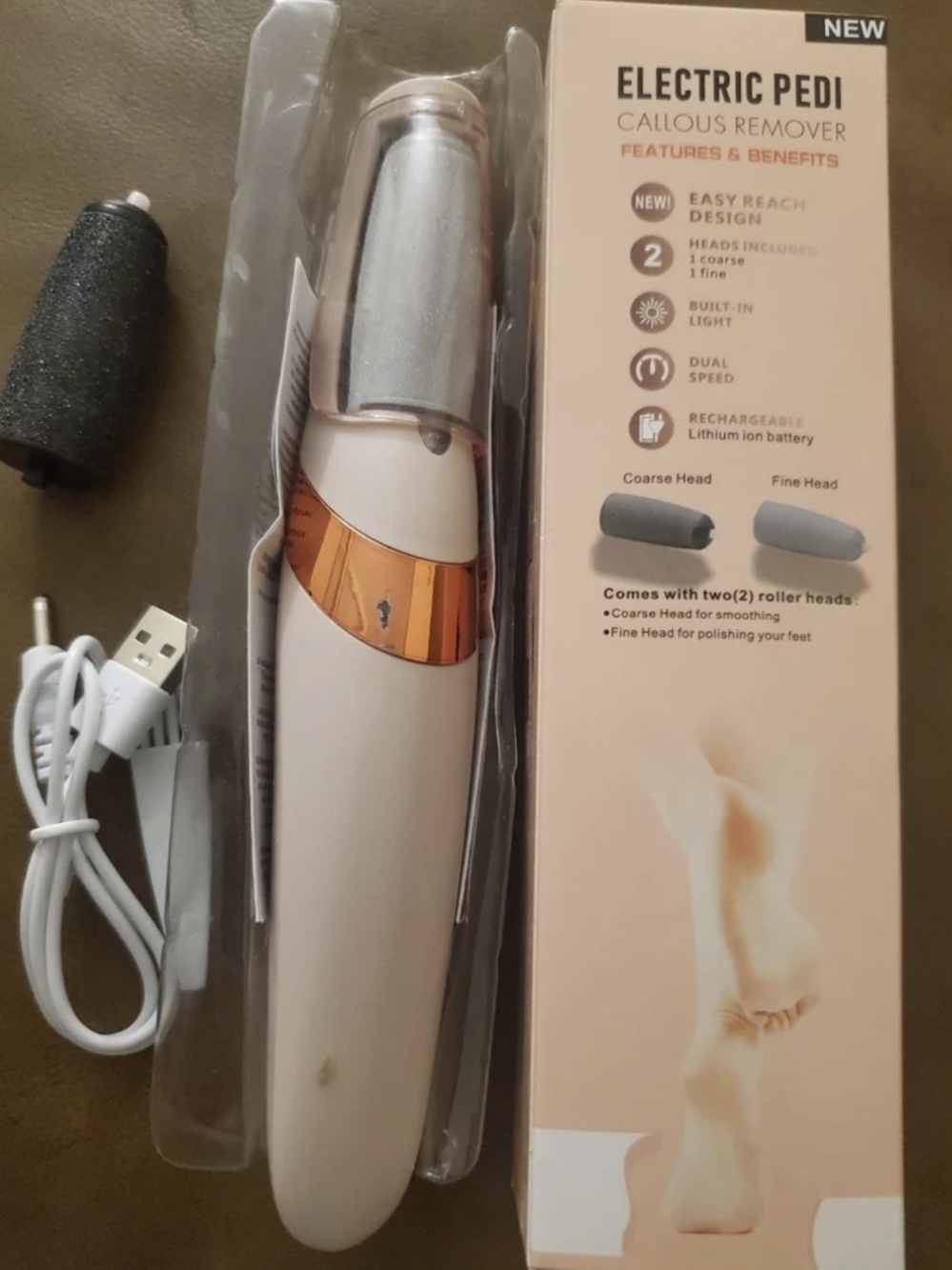 Electric Pedi Callous Remover - Rose Gold & White Rechargeable Foot File New